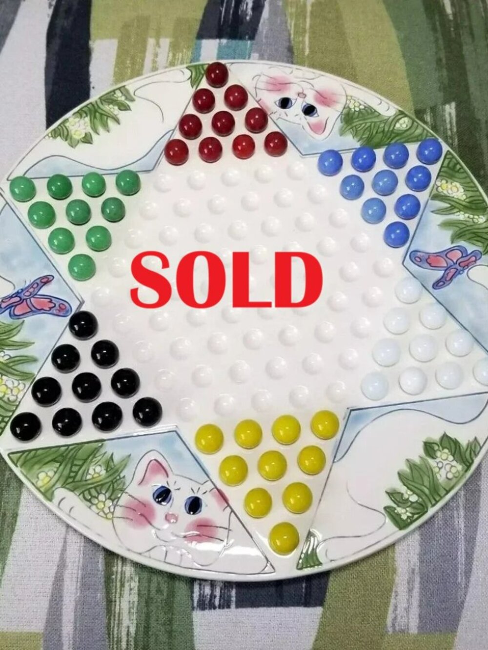 Rare Ceramic Chinese Checkers Cat And Butterfly Board And Marbles Complete Set